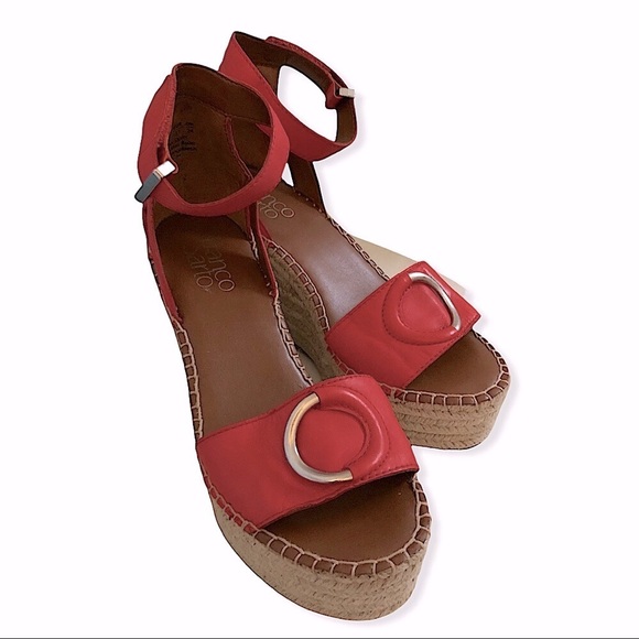 👡 Coral Red Leather Espadrilles Wedge Heels Silver Accents FRANCO SARTO - Picture 5 of 16